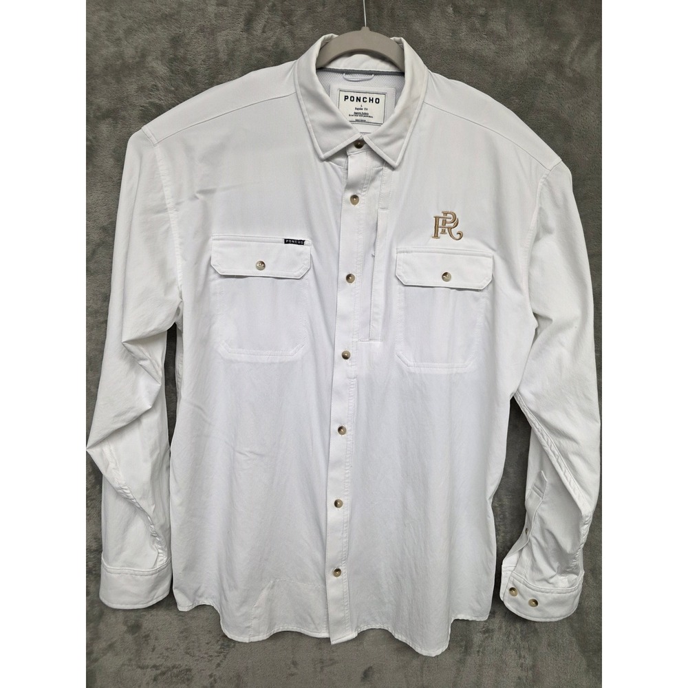 Poncho Outdoors Mens White Long Sleeve Fishing Shirt Magnetic Pockets Large